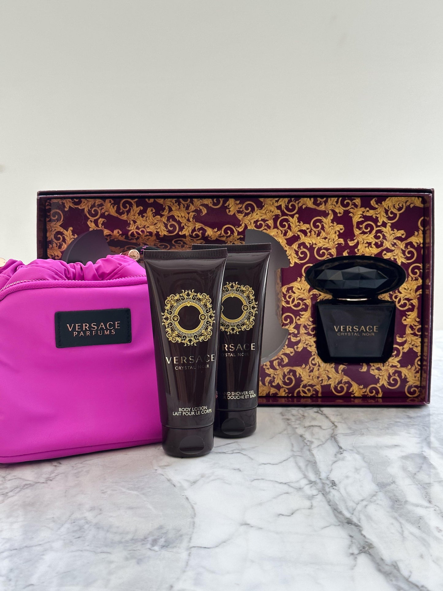 VERSACE Crystal Noir Set 90ml Edt (Body Lotion 100ml + Shower Gel 100ml + Bag) for Women