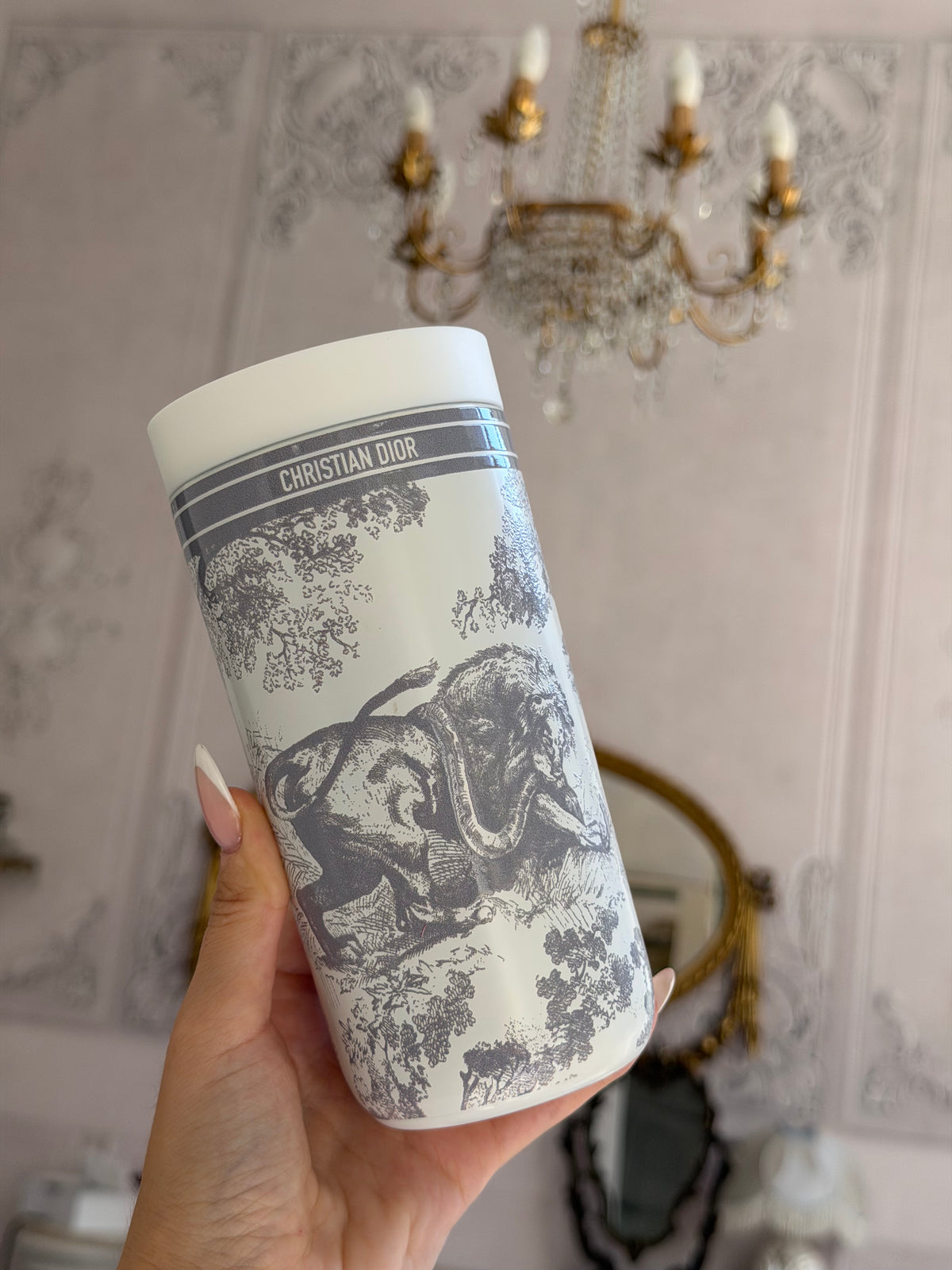 DIOR Travel Mug 400ml
White and Grey Toile de Jouy Palms Stainless Steel Thermus