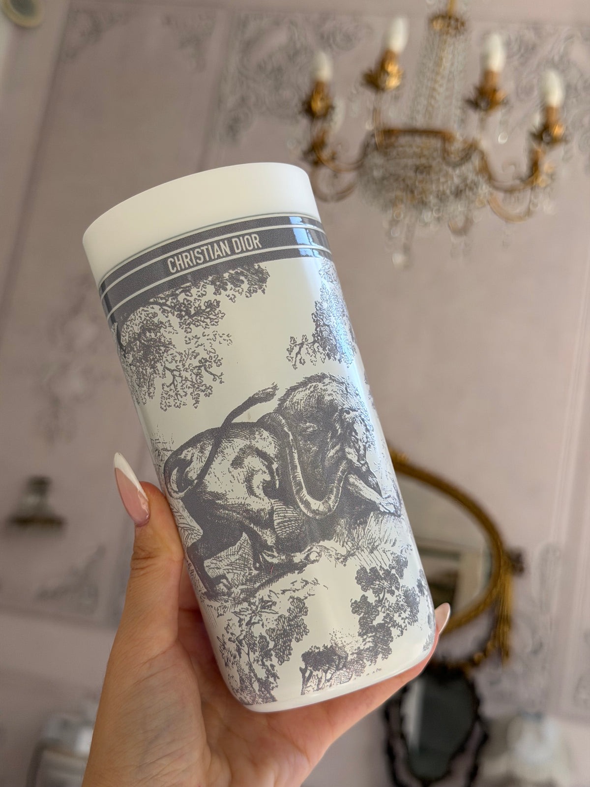 DIOR Travel Mug 400ml
White and Grey Toile de Jouy Palms Stainless Steel Thermus