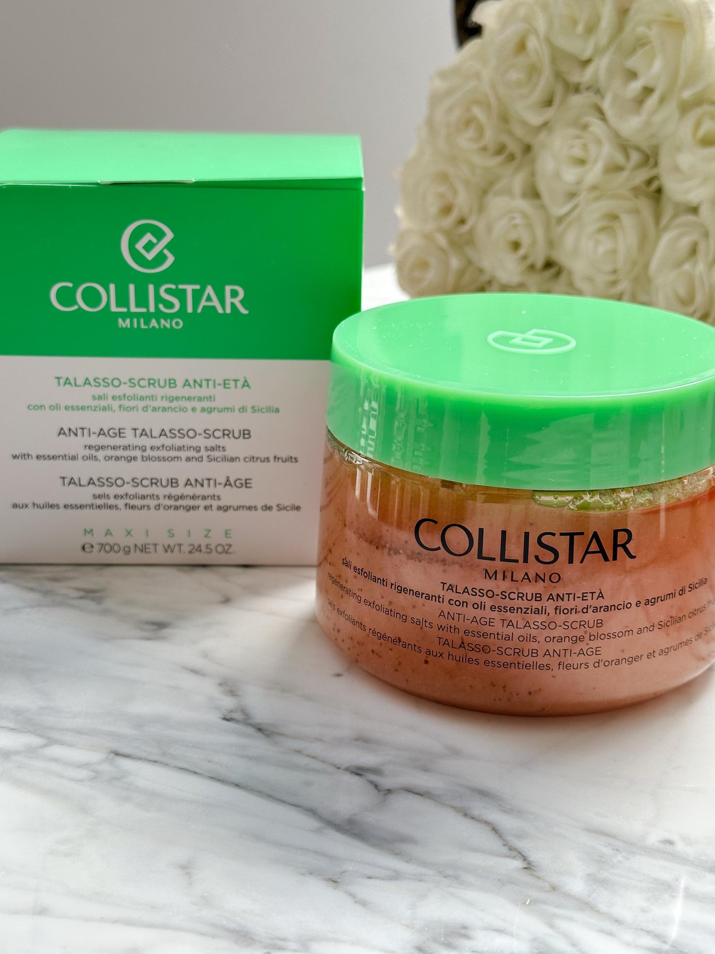 COLLISTAR
Anti-Age Talasso-Scrub
Regenerating Exfoliating Salts With Essential Oils, Orange Blossom And Sicilian Citrus Fruits