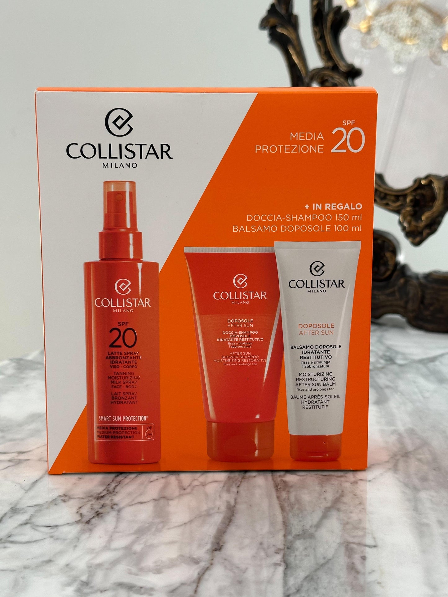 COLLISTAR Set Tanning Moisturizing Milk Spray Face-Body SPF20
(Your Gift Shower Shampoo 150ml + After Sun Balm 100ml)