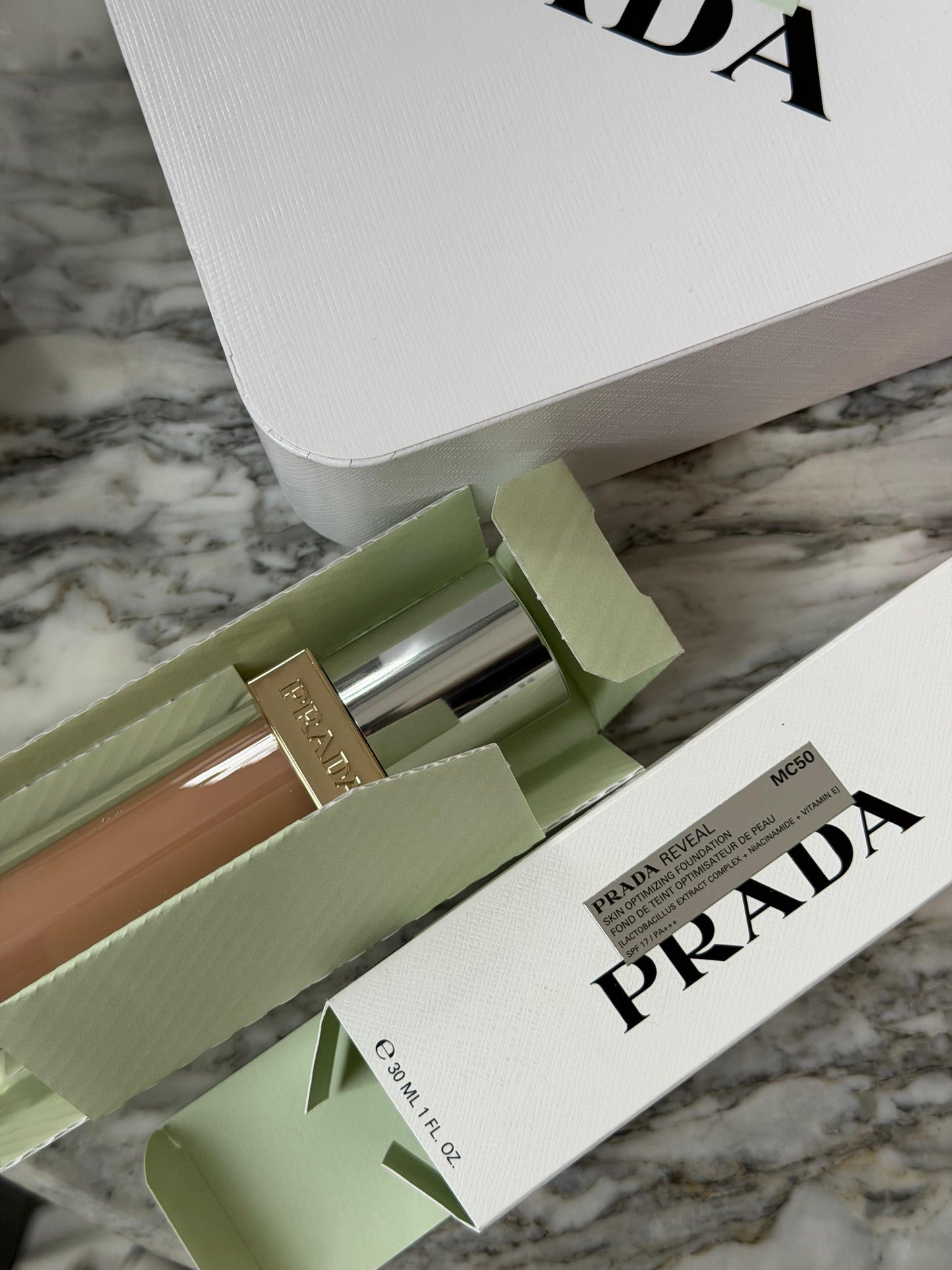 PRADA Reveal Skin Optimizing Foundation (MC50)
Medium Coverage, Soft Matte, SPF17