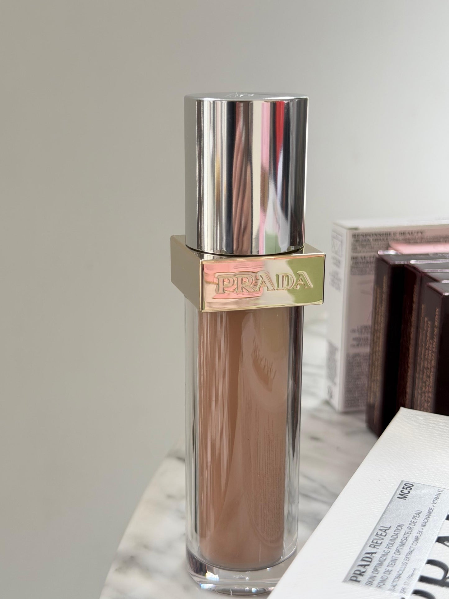 PRADA Reveal Skin Optimizing Foundation (MC50)
Medium Coverage, Soft Matte, SPF17