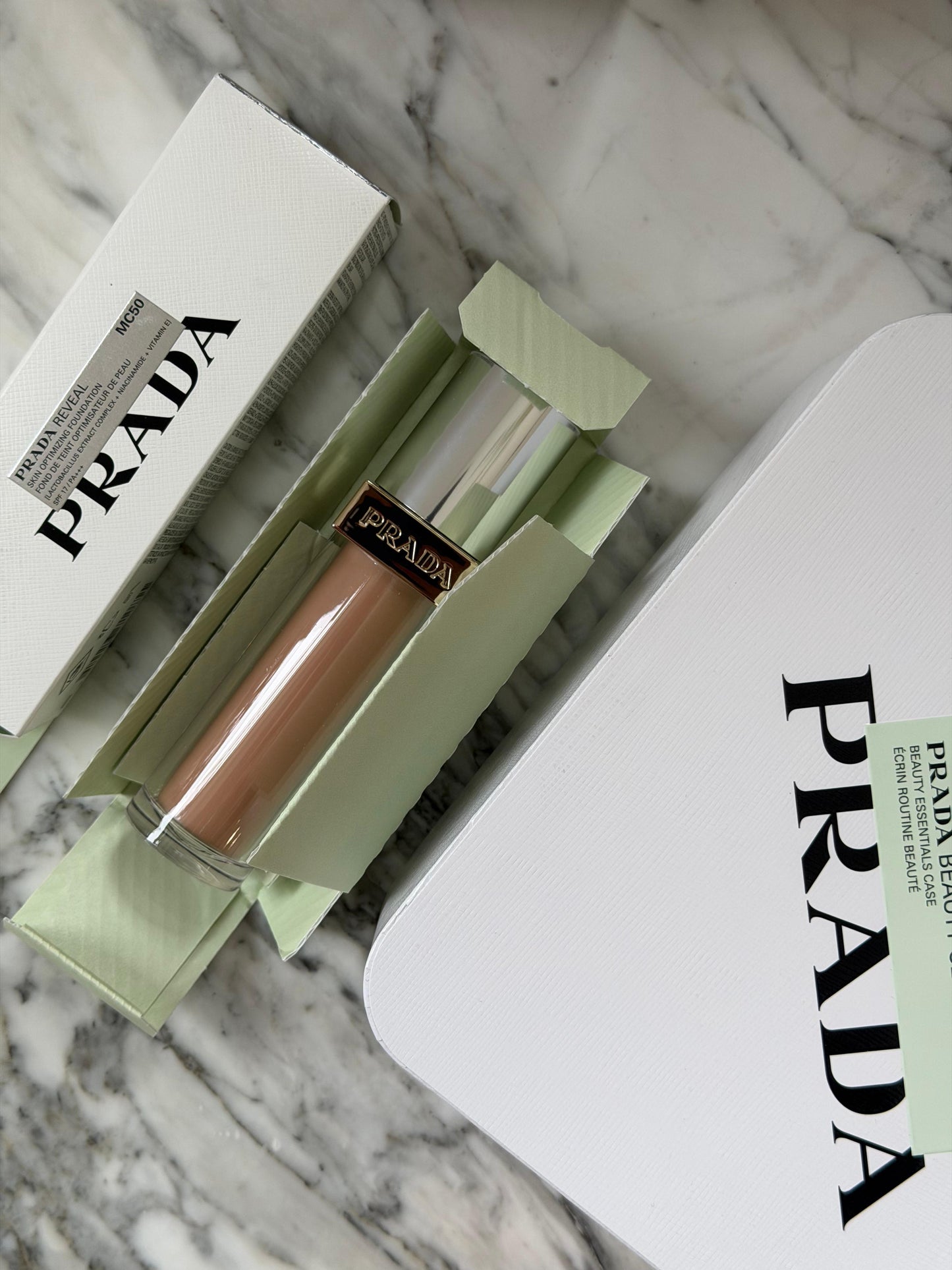 PRADA Reveal Skin Optimizing Foundation (MC50)
Medium Coverage, Soft Matte, SPF17